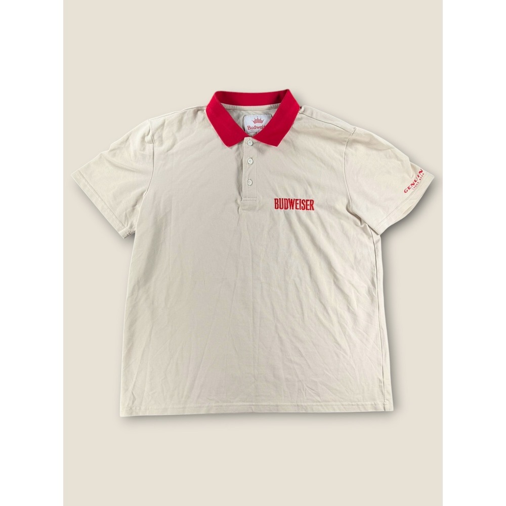 Budweiser Mens Tan Red Collar Pique Polo Shirt XL Genuine Lager Beer Embroidered